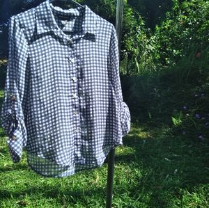 About A Girl Los Angeles Blue White Checkered Long Sleeve Sheer Button Up Blouse